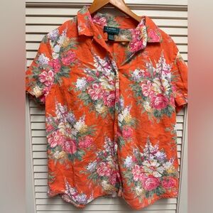 Lauren Ralph Lauren Women’s Large 100% Linen Floral Shirt Orange Y2K Button Up